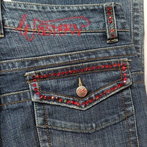 Western Denim Bank Women’s Flare Jeans Flower Bedazzling Medium Wash Size 30 - Picture 6 of 13